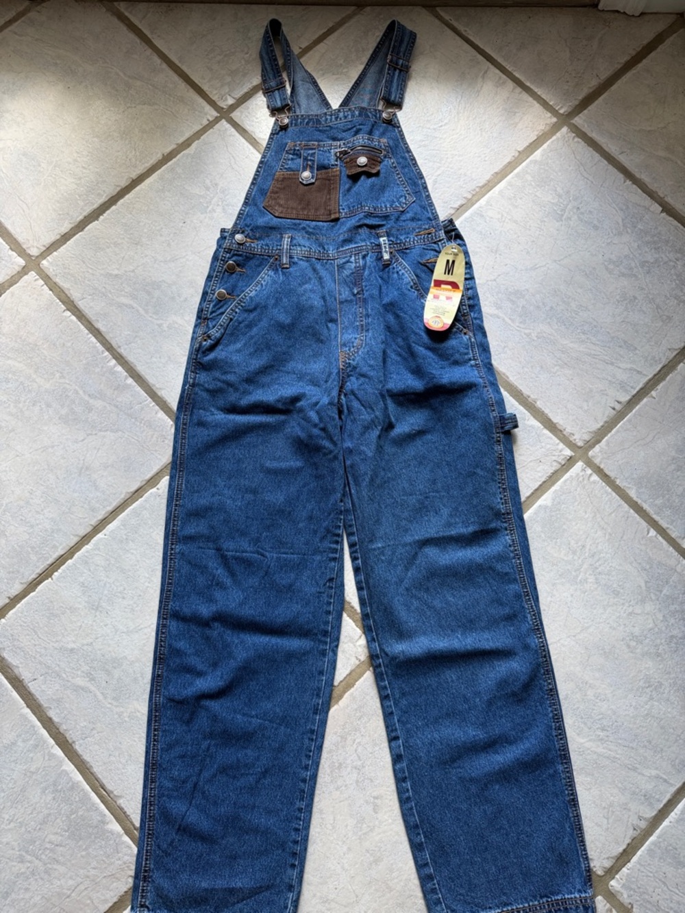 Revolt Jeans Men's Dark Blue Denim Relaxed Overalls with Brown Patch